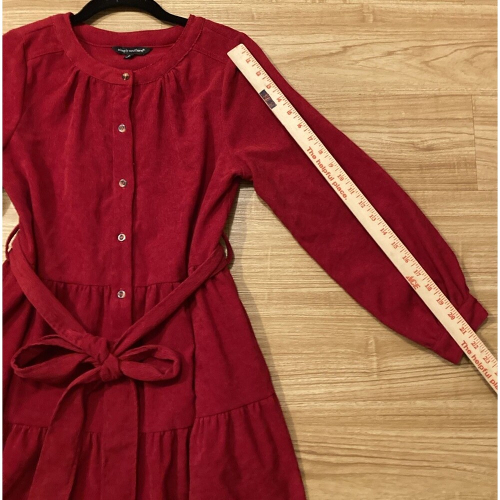 Simply Southern Womens S Red Corduroy Tiered Button Down Belted Mini Dress - Picture 5 of 9
